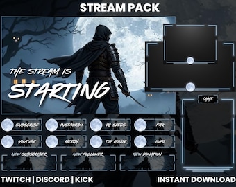 Dark Blue Ninja Samurai Stream Overlay Pack | Warrior Twitch OBS YouTube Kick Screens | Panels Alerts Webcam