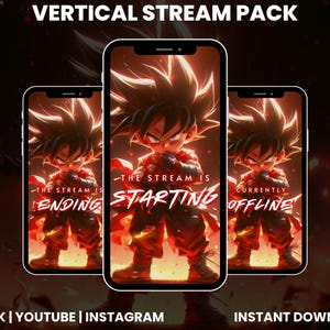 May include: Vertical stream pack design featuring a cartoon character on three smartphones. The text on the phones reads "The Stream Is Ending", "Starting", and "Currently Offline". Includes social media platform logos and "Instant Download".