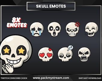 Skull Emotes Pack – Twitch Discord Kick TikTok YouTube Reaction Emotes PNG, Dark Gaming Emotes, Stream Emotes Bundle