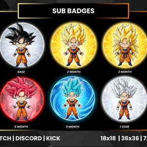 Può includere: Un set di sei badge secondari circolari con un personaggio dei cartoni animati in varie forme, ciascuno all'interno di un cerchio colorato. I badge sono etichettati "BASE", "2 MONTH", "3 MONTH", "6 MONTH", "9 MONTH" e "1 YEAR". L'immagine include anche il testo "SUB BADGES", "TWITCH | DISCORD | KICK" e le dimensioni.