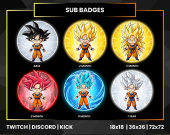 Dragon Ball Super Saiyan Evolution Sub Badges | Anime Chibi Twitch Bit Badges | Discord Kick Loyalty Badge Progression Set