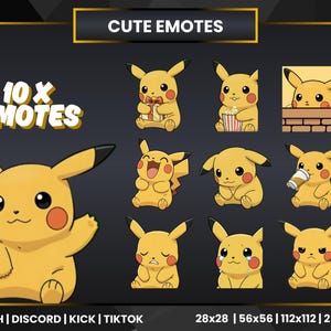 Może przedstawiać: Grafika cyfrowa przedstawiająca dziesięć żółtych emotikonów Pikachu z różnymi wyrazami twarzy i rekwizytami, w tym prezentem, popcornem i filiżanką kawy. Widoczny jest tekst "CUTE EMOTES" i "10X EMOTES". Obraz jest przeznaczony dla Twitch, Discord, Kick i TikTok.