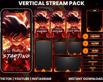 Orange Blue Dragon Ball Kid Goku Vertical Stream Overlay Pack | Anime Twitch TikTok YouTube Screens | Animated Webcam Panels Alerts