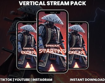 Paquete de superposiciones verticales para transmisiones de guerreros ninja samurái en rojo oscuro y azul / Pantallas de inicio para Twitch, TikTok y YouTube / Alertas de paneles de cámara web animados