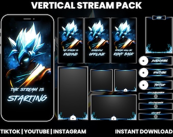 Blue Dragon Ball Super Saiyan Goku Vertical Stream Overlay Pack | Anime Twitch TikTok YouTube Screens | Animated Webcam Panels Alerts