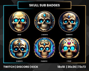 Insignias de suscriptor de calavera de gema azul / Insignias de bits de Twitch de terror gótico / Conjunto de progresión de insignias de lealtad de Discord Kick