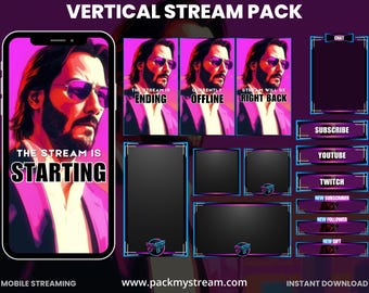 Paquete de transmisión vertical neón de John Wick (Keanu Reeves) / Twitch, TikTok, YouTube / Superposiciones animadas, paneles, alertas, superposición de acción cyberpunk