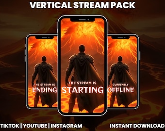 Paquete de superposiciones verticales para transmisión de Red Orange Fire Warrior / Pantallas de inicio de Twitch, TikTok y YouTube de fantasía oscura / Alertas de paneles de cámara web animados