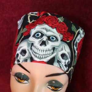 Blue Eyed Skulls and Roses Surgical Cap (optional ear mask buttons)