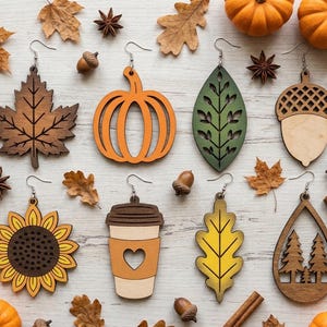 May include: A collection of eight wooden dangle earrings featuring autumn-themed designs including a maple leaf, a pumpkin, a green leaf, an acorn, a sunflower, a coffee cup with a heart, an oak leaf, and a pine tree forest in a teardrop shape.