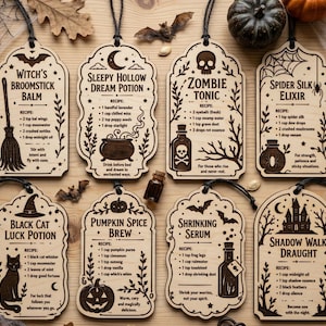 May include: Eight decorative wooden tags featuring engraved Halloween-themed potion labels. Each tag displays a unique title like Witch's Broomstick Balm or Zombie Tonic, a list of fictional ingredients, and thematic illustrations including a broom, cauldron, skull, spider, cat, pumpkin, and castle.