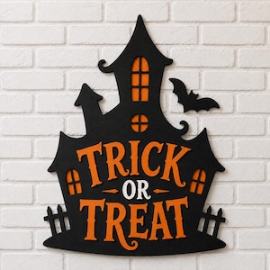 ハロウィン木製看板SVG、トリックオアトリートお化け屋敷カッティングファイル、ファームハウスハロウィンポーチデコレーションSVG、コウモリのシルエットデジタルダウンロード