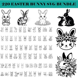 Op de afbeelding: Een verzameling van 220 paashaas SVG-ontwerpen in zwart en wit. De ontwerpen omvatten verschillende konijnenillustraties, waaronder konijnen met eieren, brillen en bloemaccenten. De tekst "220 EASTER BUNNY SVG BUNDLE" staat bovenaan.