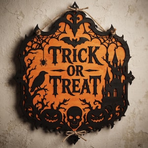 Puede incluir: Un letrero decorativo de pared con el texto TRICK OR TREAT en letras negras sobre un fondo naranja. El letrero está enmarcado por intrincadas siluetas negras cortadas con láser de una casa embrujada, un cuervo, una araña, un murciélago, calabazas y una calavera.