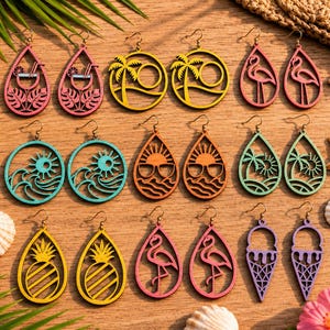 May include: A collection of colorful wooden earrings featuring various cutout designs including tropical cocktails, palm trees, flamingos, suns, ocean waves, pineapples, and ice cream cones. Each pair is suspended from a metal earring hook.