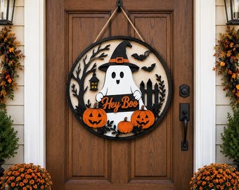 Ghost with Pumpkin Door Hanger SVG, Ghost Decor Svg, halloween door sign, Halloween Laser Cut Files, Pumpkin, Glowforge Svg, Halloween Decor