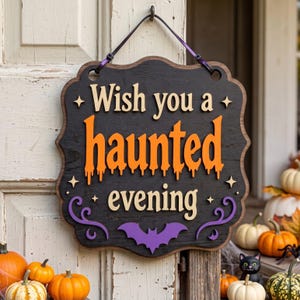Puede incluir: Un letrero de pared de madera negra con borde festoneado que presenta el texto Wish you a haunted evening en letras naranjas y crema. El letrero incluye remolinos decorativos morados y una silueta de murciélago morada, suspendido por un cordón negro.