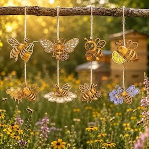 Bee Hanging Ornaments Set of 8, Wooden Bee Decorations, Honey Bee Nursery Decor, Beekeeper Gift, Rustic Farmhouse Ornament