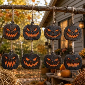Läskig pumpaprydnad SVG, träskylt med Halloween-motiv Glowforge-fil, laserskuren dekor med läskigt ansikte, rustik Halloween-väggbonad
