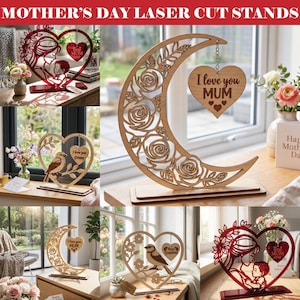 Könnte beinhalten: Eine Auswahl an lasergeschnittenen Muttertagsständern. Die Ständer haben Herz- und Halbmondformen mit Blumen- und Vogelmotiven. Einige Ständer enthalten die Sätze "I love you Mum", "Best Mom Ever" und "I love you Granny".