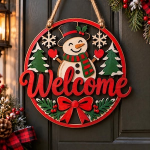 Christmas Welcome Sign Laser Cut File, Snowman Door Hanger SVG, Christmas Holiday Sign, Front Door Sign, Christmas Tree Round Sign Glowforge