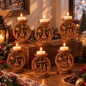 Op de afbeelding: Vijf ronde houten kaarsenhouders met gedetailleerde lasergesneden silhouetten van een kerstdorp met de kerstman in een arrenslee en rendieren. Elke houder heeft een klein rond platform aan de bovenkant met een brandend wit waxinelichtje.