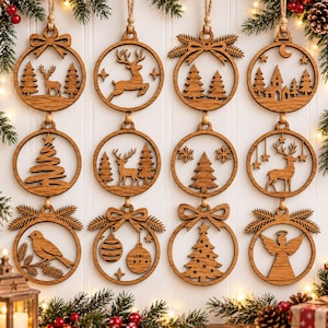 May include: A set of twelve circular wooden ornaments featuring laser-cut designs including reindeer, pine trees, a bird, an angel, and Christmas trees. Each ornament is suspended by a string and displays intricate silhouettes of holiday motifs.