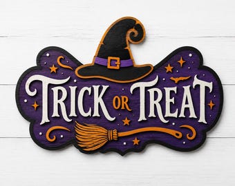 May include: A decorative wooden sign featuring the text Trick or Treat in white lettering on a purple background. The sign includes a black witch hat with a purple band and orange buckle, a yellow broom, and small orange stars and white dots.