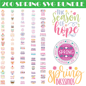Puede incluir: Un conjunto de 200 diseños SVG con temática de primavera. La imagen presenta varios gráficos basados en texto con frases como "Hola primavera", "Bendiciones de primavera" y "La estación de la esperanza", en una variedad de colores y fuentes.
