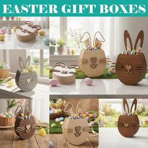 May include: Wooden Easter gift boxes in various shades of brown, gray, and natural wood. Each box is shaped like a bunny face with long ears and a heart-shaped nose. The boxes are filled with colorful Easter eggs and small decorative items. The text "EASTER GIFT BOXES" is at the top.