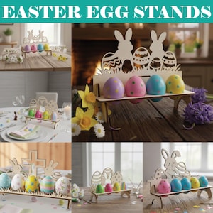 Peut inclure: Présentoirs en bois pour œufs de Pâques avec découpes de lapins et d'œufs. Les présentoirs contiennent des œufs de Pâques colorés et décorés. Le texte "EASTER EGG STANDS" est en haut de l'image. Les présentoirs sont sur une table.