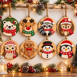 Könnte beinhalten: Acht runde Weihnachtsanhänger aus Holz mit mehrschichtigen Ausschnitten eines Eisbären, Rentiers, Waschbären, Igels, einer Eule, eines Lebkuchenmanns, eines Schneemanns und eines Pinguins, die winterliche Accessoires tragen.