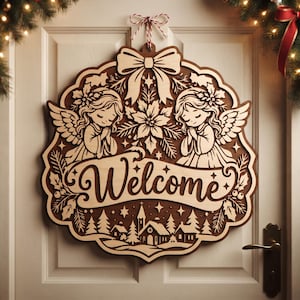 Jul välkomstdörrskylt SVG-paket, Glowforge laserskuren fil, julhelgskylt, festlig dörrhängare, vinterdörrhängare skylt Svg