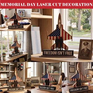Peut inclure: Décoration découpée au laser en forme d'avion à réaction en bois avec un motif de drapeau américain. La décoration comprend le texte "FREEDOM ISN'T FREE" sur une base rectangulaire. L'image montre également des photos encadrées et d'autres décorations patriotiques.