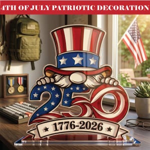 May include: A patriotic 4th of July decoration featuring a red, white, and blue Uncle Sam gnome holding the number 250. The decoration includes the years 1776-2026 on a banner. The text "4TH OF JULY PATRIOTIC DECORATION" is at the top.