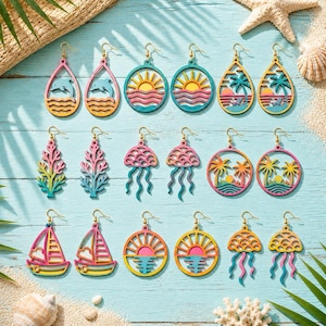 Summer Earrings SVG Bundle, Summer Earring Svg, Wood Earring, Earrings Glowforge svg, Beach Svg, Laser Cut File, Faux Leather Earrings Svg