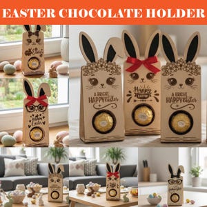 Puede incluir: Soportes de chocolate de Pascua de madera con forma de conejos con orejas negras y lazos decorativos. Los soportes presentan caras de conejos grabadas y el texto "Happy Easter" o "A Bright Happy Easter". Cada soporte contiene un chocolate envuelto en oro.