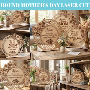 Puede incluir: Decoraciones de madera cortadas con láser para el Día de la Madre. Las placas redondas presentan diseños florales y mensajes conmovedores como "Mamá, te amamos" y "¡Feliz Día de la Madre!" Perfectas para regalar.