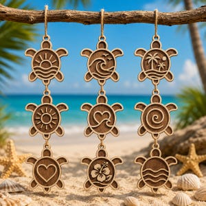 May include: Three vertical hanging strands of laser-cut wooden turtle ornaments, each featuring nine distinct circular designs including a sun, ocean waves, palm trees, a heart, and a hibiscus flower, suspended from a natural wooden branch.
