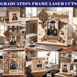 May include: Wooden graduation photo frames with laser-cut designs. The frames feature the text "2026," "Adventure," and "Achieve," along with names like Penelope, Sophia, and Paul. The frames are displayed on a wooden desk.