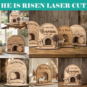 Könnte beinhalten: Lasergeschnittene Osterdekorationen aus Holz mit bogenförmigen Designs. Jedes Stück zeigt den Text „He Is Risen“ und verwandte Phrasen sowie Bilder eines Grabes, eines Lammes und eines Kreuzes. Die Dekorationen sind aus hellem Holz gefertigt.