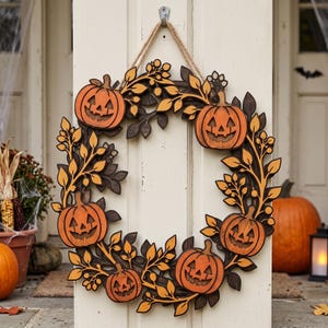 Peut inclure: Une couronne en bois circulaire ornée de cinq citrouilles orange sculptées en forme de lanternes aux visages souriants, entremêlées de feuilles en bois brun foncé et orange clair avec des baies, suspendue par une corde de jute beige.