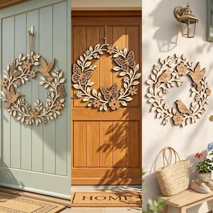 Könnte beinhalten: Ein Set aus drei runden Wanddekorationen aus Holz mit filigranen Laserschnitt-Designs. Ein Kranz zeigt Kolibris und Blumen, ein weiterer Schmetterlinge und Blüten, und der dritte zeigt Vögel und florale Muster.