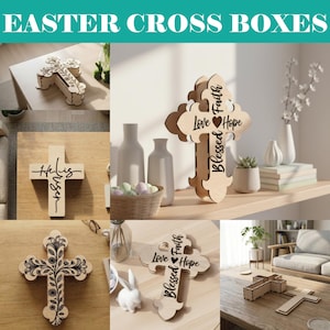 Puede incluir: Cajas de cruces de Pascua de madera en varios diseños. Una cruz presenta las palabras "Love, Hope, Faith, Blessed". Otra tiene detalles florales. El texto "Easter Cross Boxes" está en la parte superior de la imagen.