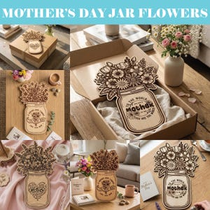 May include: Wooden Mother's Day jar flowers. The image shows several wooden cutouts of mason jars filled with flowers. The jars have text that reads "To the world you are a Mother, to me you are the world" and "If mothers were flowers I'd pick you".