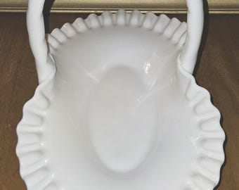 Cesta ovalada de vidrio opalino Fenton Hobnail RARA #3839 MI 12" 1/2