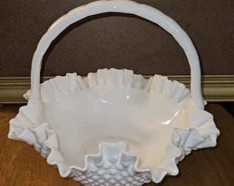 Vintage Fenton Art Glass Hobnail Milk Glass Basket Ruffled Edge 10" x 11" 3830 M