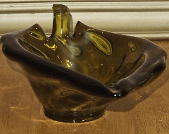 Vintage Viking Olive Green Glass Leaf Bowl - Home Art Accent Made in Italy