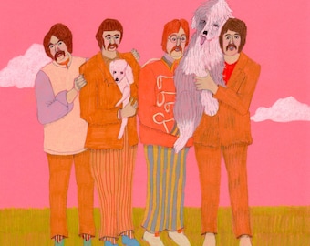 Signed Orignal Colored Pencil Drawing: “The Beatles with Martha and Tiger”