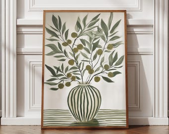Olive Branch Poster – Minimalist Mediterranean Wall Decor with Green Leaves and Striped Vase